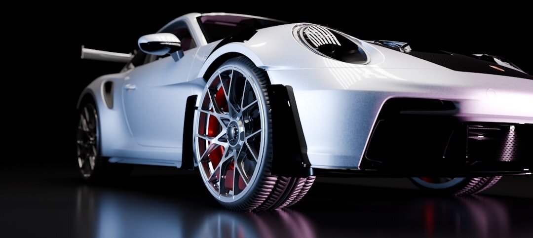 Pearl white exotic supercar in a dark exhibition hall